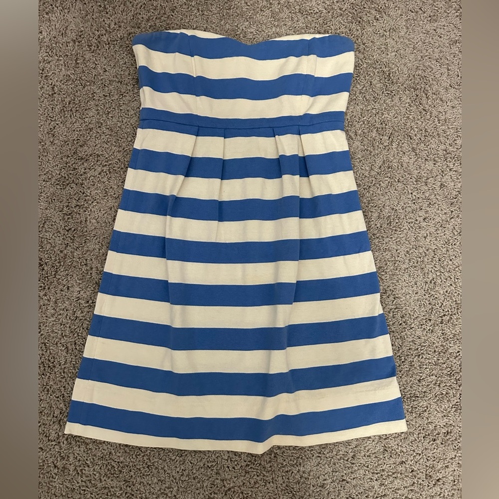J. Crew Strapless Blue and White Striped Dress
